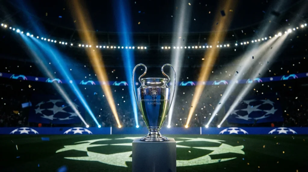 Troféu da Champions League com análise de apostas