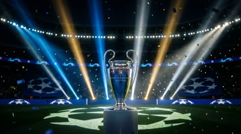 Troféu da Champions League com análise de apostas