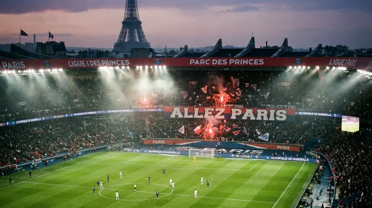 Estádio francês da Ligue 1 em ambiente nocturno
